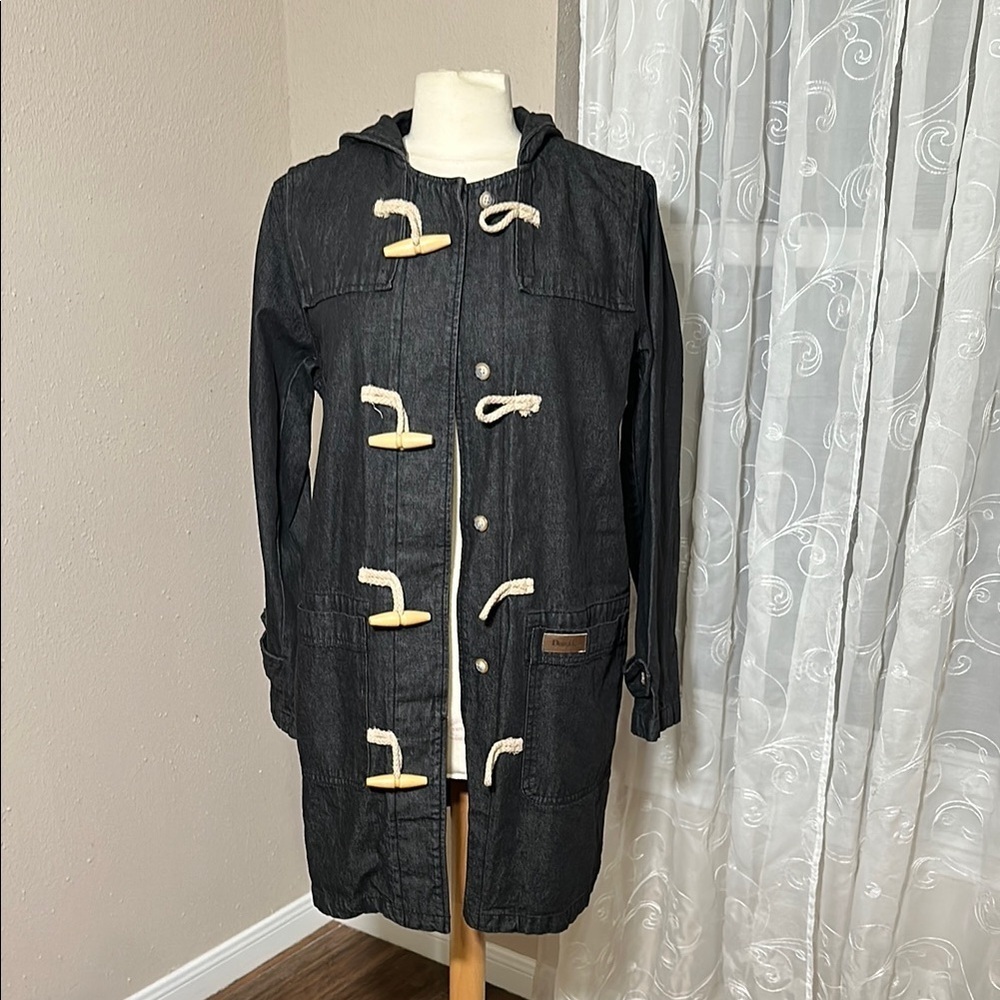 Denim & Co Lined Charcoal Denim Utility Hooded Coat Toggle Button Closure M NEW - Picture 9 of 16